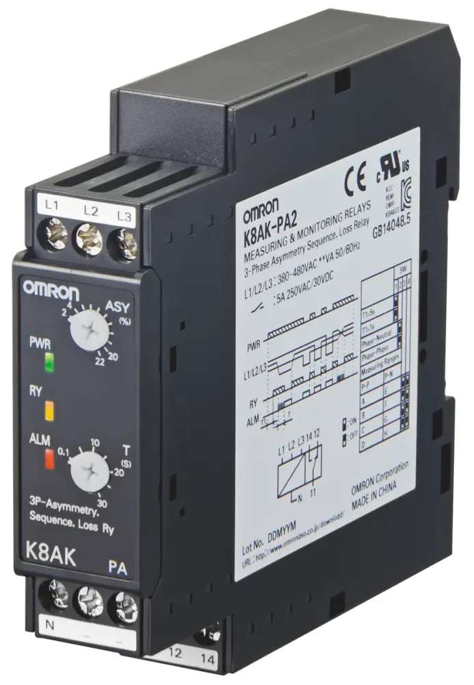 Relé de supervisión de Fase Omron serie K8AK-PA, SPDT, 3 fases, para carril DIN | K8AKPA2380480VAC