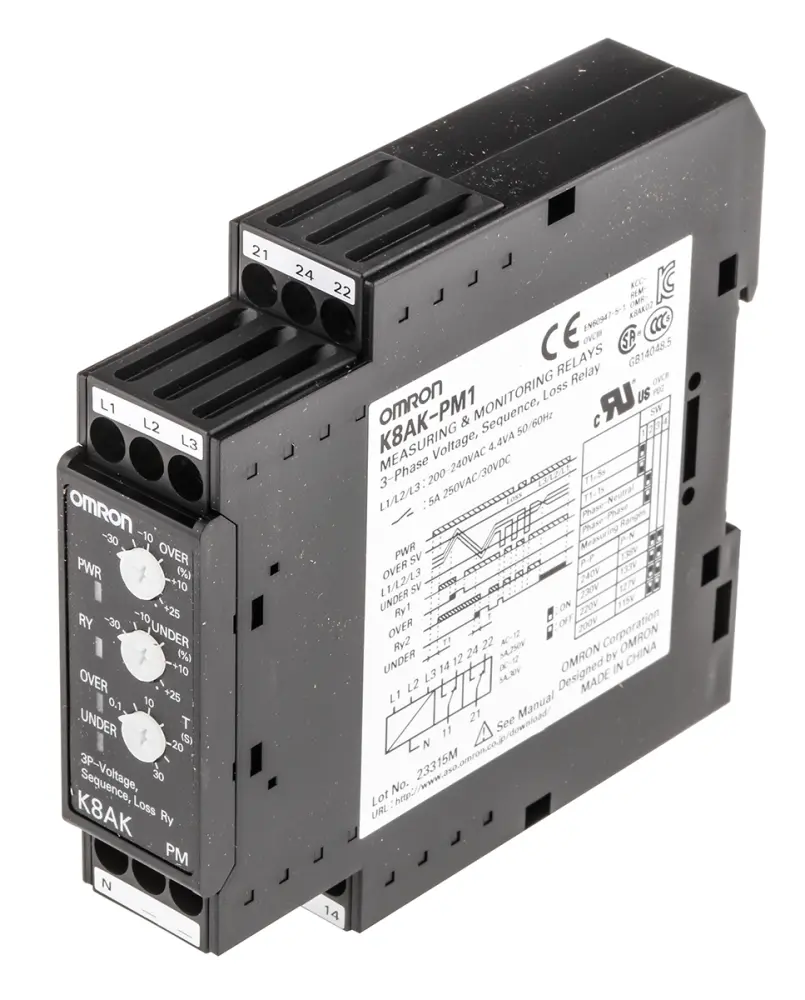 Relé de supervisión de Fase Omron serie K8AK-PM, SPDT, 3 fases, para carril DIN | K8AKPM1200240VAC