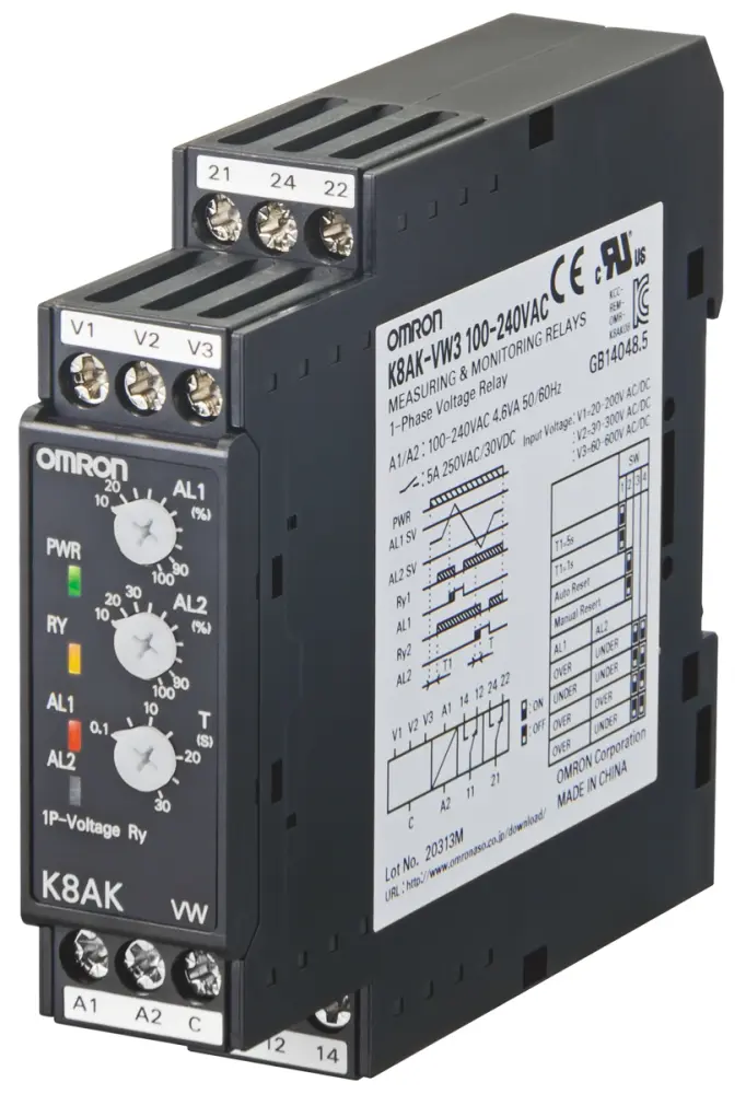 Relé de supervisión de Tensión Omron serie K8AK-VW, SPDT, 1 fase | K8AK-VW2 100-240VAC