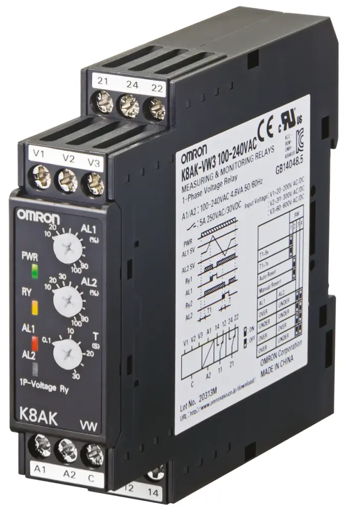 Relé de supervisión de Tensión Omron serie K8AK-VW, SPDT, 1 fase | K8AK-VW3 100-240VAC