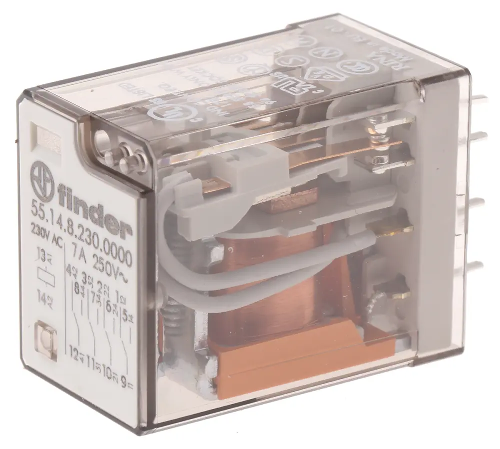 Relé de potencia sin enclavamiento Finder 55 Series de 4 polos, 4PDT, bobina 230V ac, 7A, Montaje en PCB | 55.14.8.230.0000