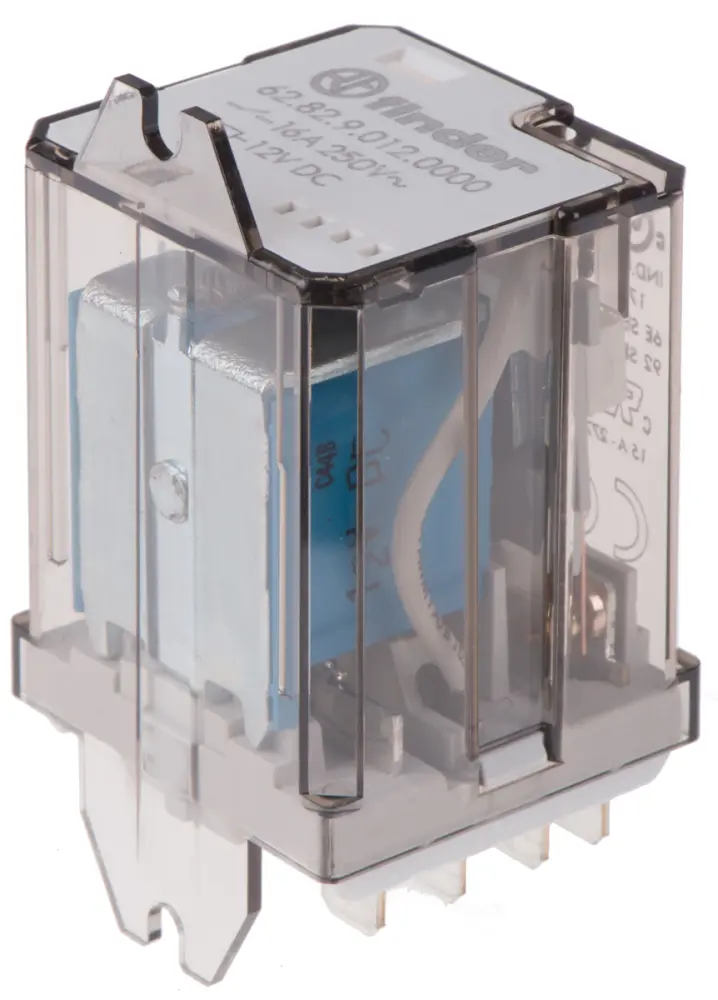 Relé de potencia sin enclavamiento Finder 62 Series de 2 polos, DPDT, bobina 12V dc, 16A, Montaje por reborde | 62.82.9.0...