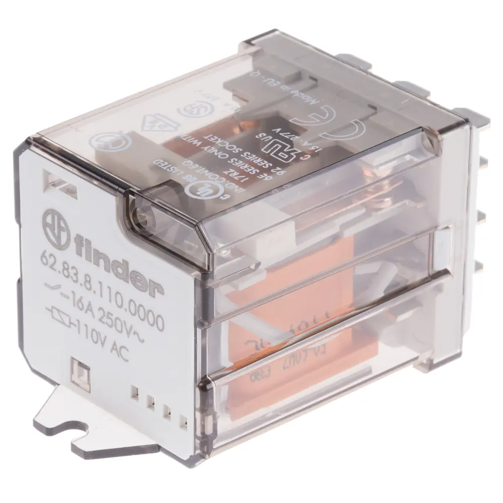 Relé de potencia sin enclavamiento Finder 62 Series de 3 polos, 3PDT, bobina 110V ac, 16A, Montaje por reborde | 62.83.8....