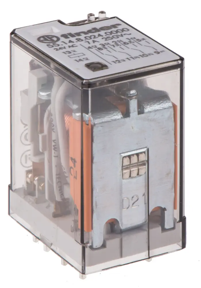 Relé de potencia sin enclavamiento Finder 55 Series de 4 polos, 4PDT, bobina 24V ac, 7A, Montaje en PCB | 55.14.8.024.0000