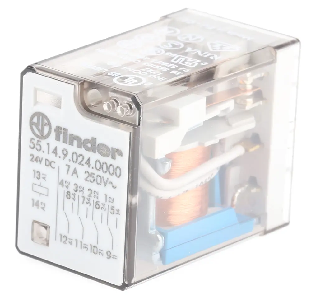 Relé de potencia sin enclavamiento Finder 55 Series de 4 polos, 4PDT, bobina 24V dc, 7A, Montaje en PCB | 55.14.9.024.0000