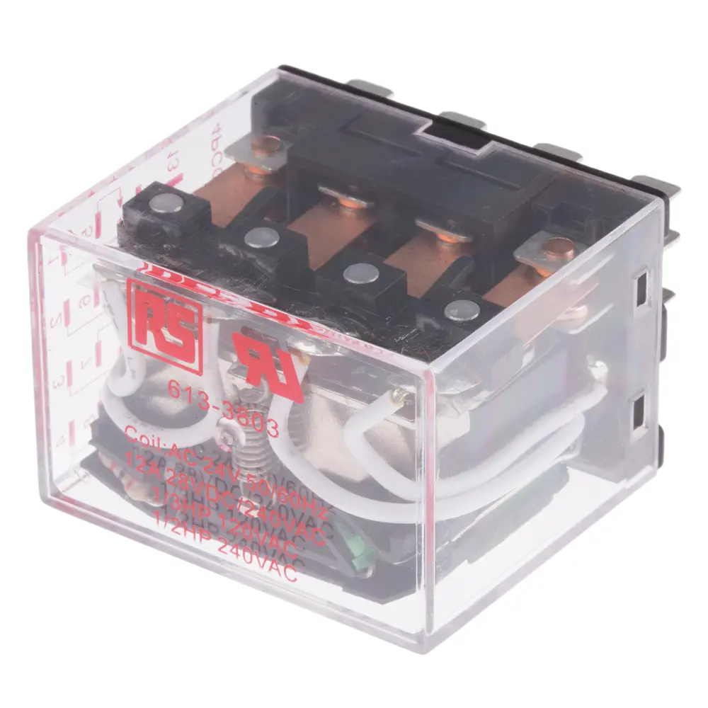 Relé de potencia sin enclavamiento de 4 polos, 4PDT, bobina 24V ac, 12A, enchufable