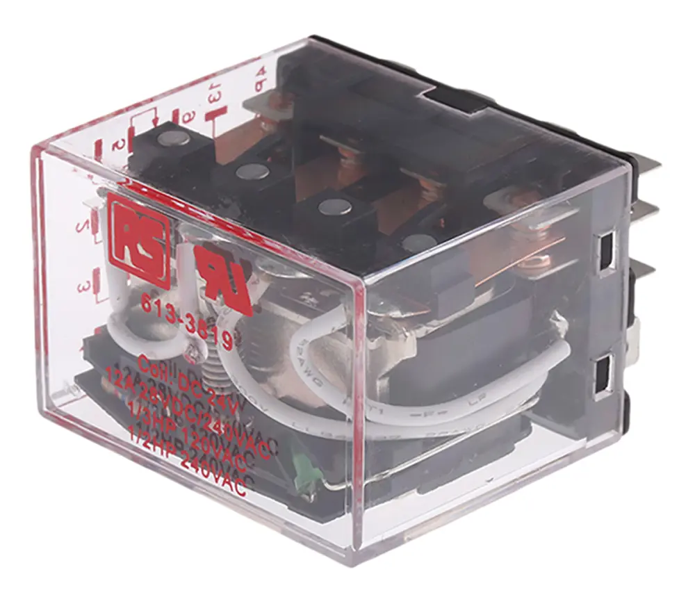 Relé de potencia sin enclavamiento de 4 polos, 4PDT, bobina 24V dc, 12A, enchufable