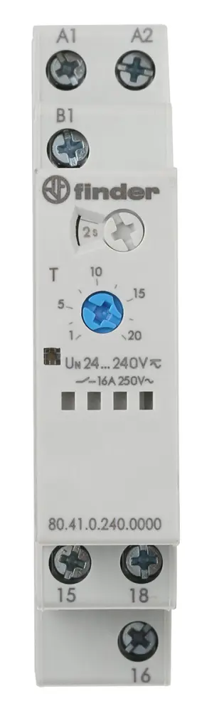 Temporizador monofunción Finder 80 Series, 24 → 240V ac/dc, 16A, 1 Contacto, SPDT, tempo. 0.1 → 20 s, 0.1 | 80.41.0.2...