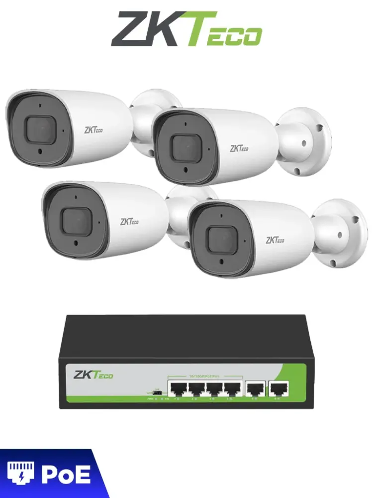 ZKTECO POE4255CPAK - Paquete de 4 Cámaras IP Bullet Full Color 5MP BS855P12CS7CMI con Switch PoE Fast Rj45 4 Puertos AF/AT