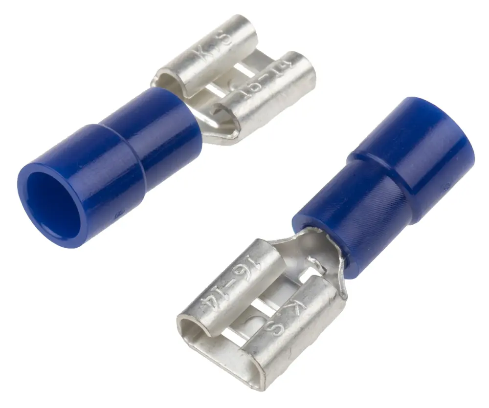 Terminal de lengüeta hembra aislado de color Azul de crimpar, 6.35 x 0.8mm, 1.5mm² → 2.5mm², long. 21.5mm, de