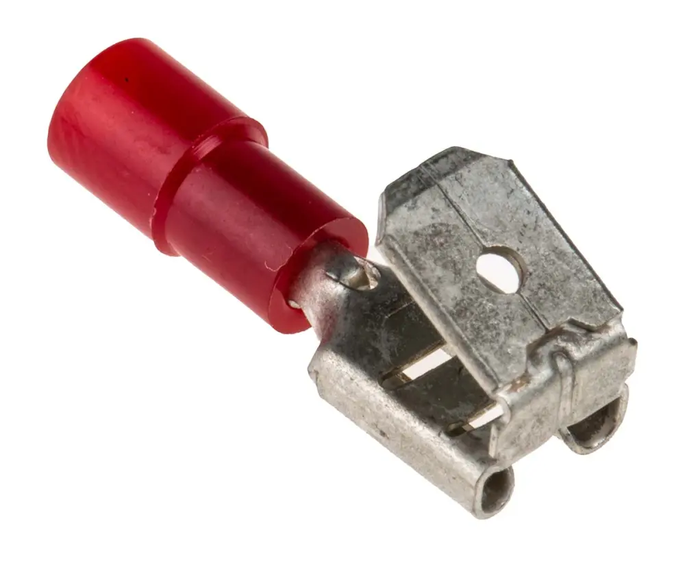 Terminal de lengüeta hembra aislado de color Rojo de crimpar, 6.35 x 0.8mm, 0.5mm² → 1.5mm², long. 23mm, de