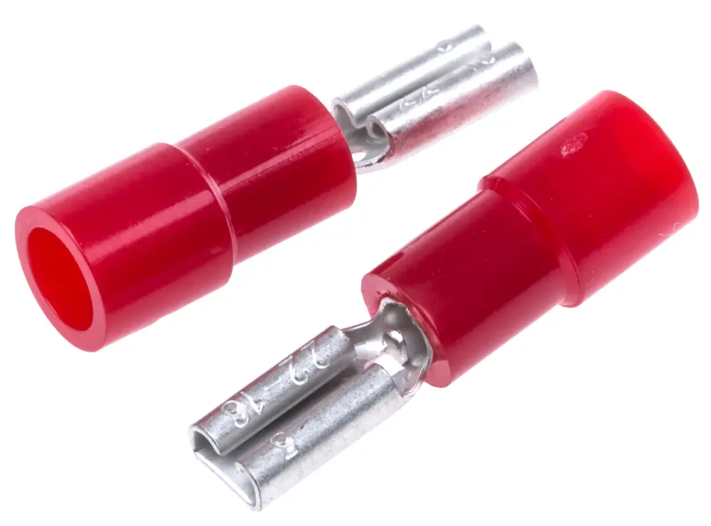 Terminal de lengüeta hembra aislado de color Rojo de crimpar, 2.8 x 0.5mm, 0.5mm² → 1.5mm², long. 19.6mm, de