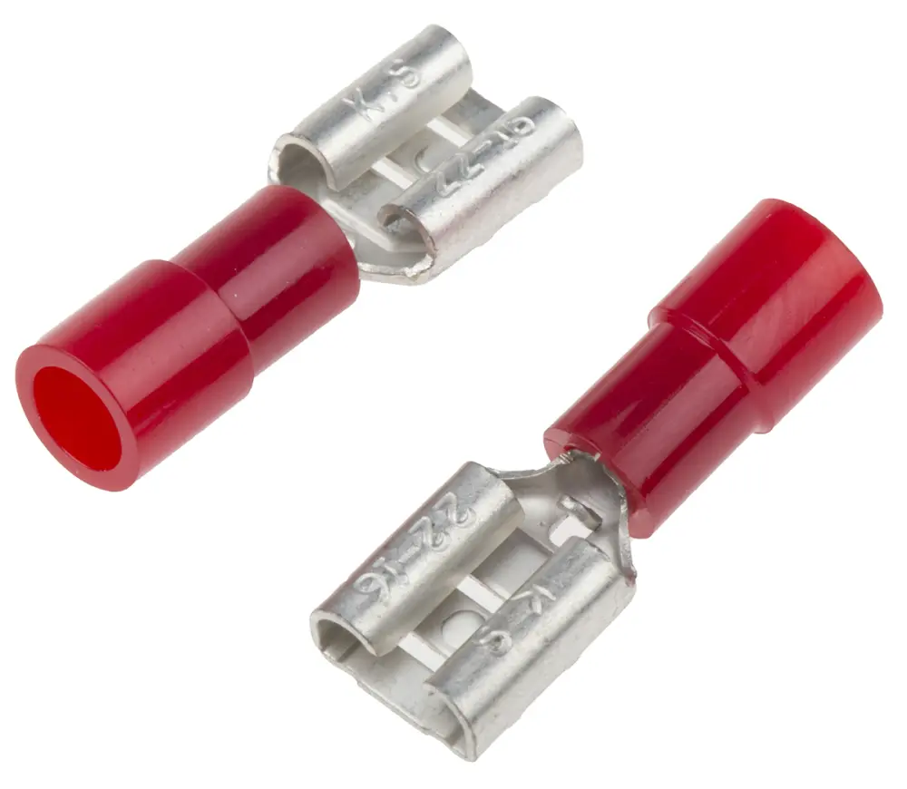 Terminal de lengüeta hembra aislado de color Rojo de crimpar, 6.35 x 0.8mm, 0.5mm² → 1.5mm², long. 21.5mm, de