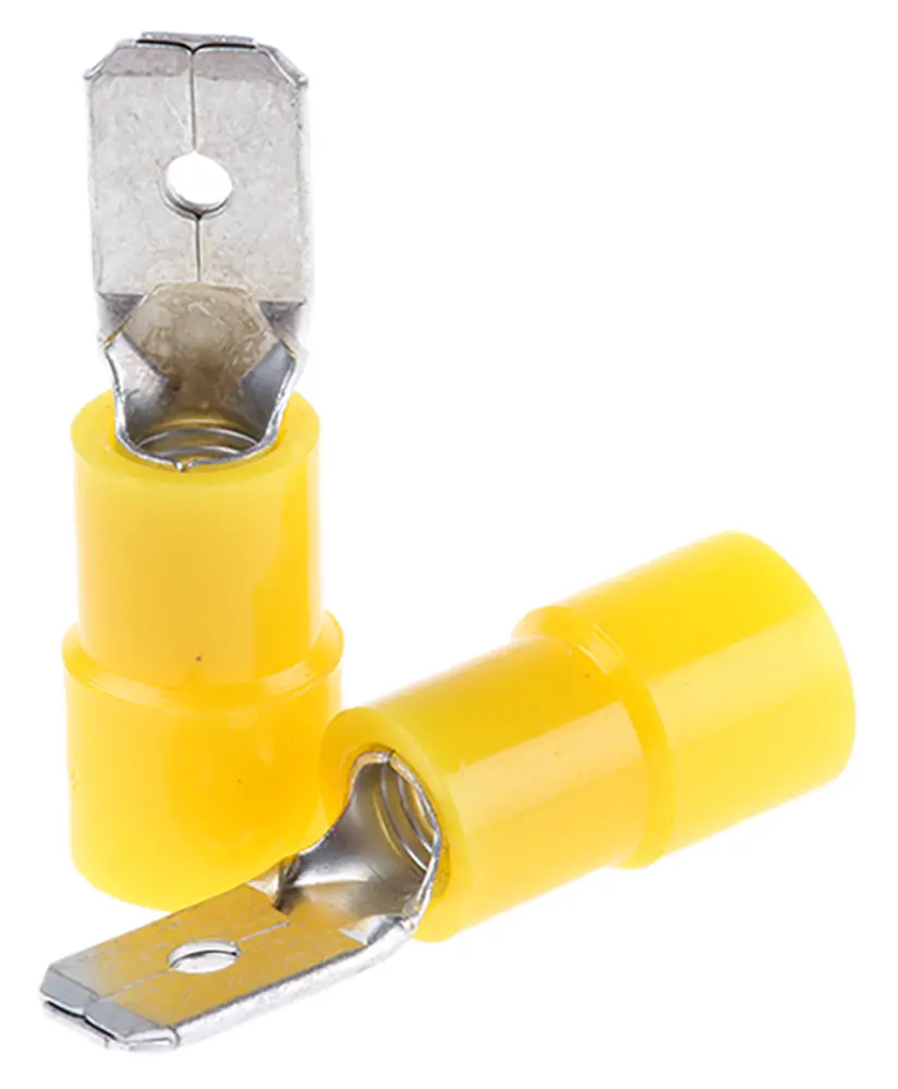 Terminal de lengüeta macho aislado de color Amarillo de crimpar, 6.35 x 0.8mm, 4mm² → 6mm², long. 24mm, de Latón