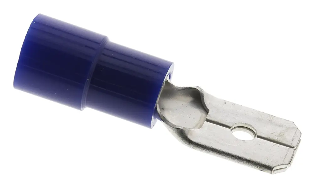 Terminal de lengüeta macho aislado de color Azul de crimpar, 0.8 x 6.35mm, 1.5mm² → 2.5mm², long. 22mm, de Latón