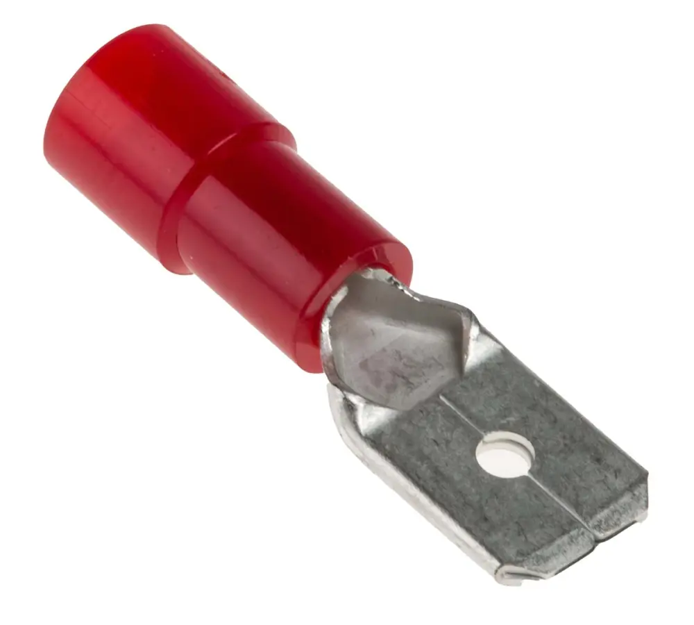 Terminal de lengüeta macho aislado de color Rojo de crimpar, 6.35 x 0.8mm, 0.5mm² → 1.5mm², long. 22mm, de Latón