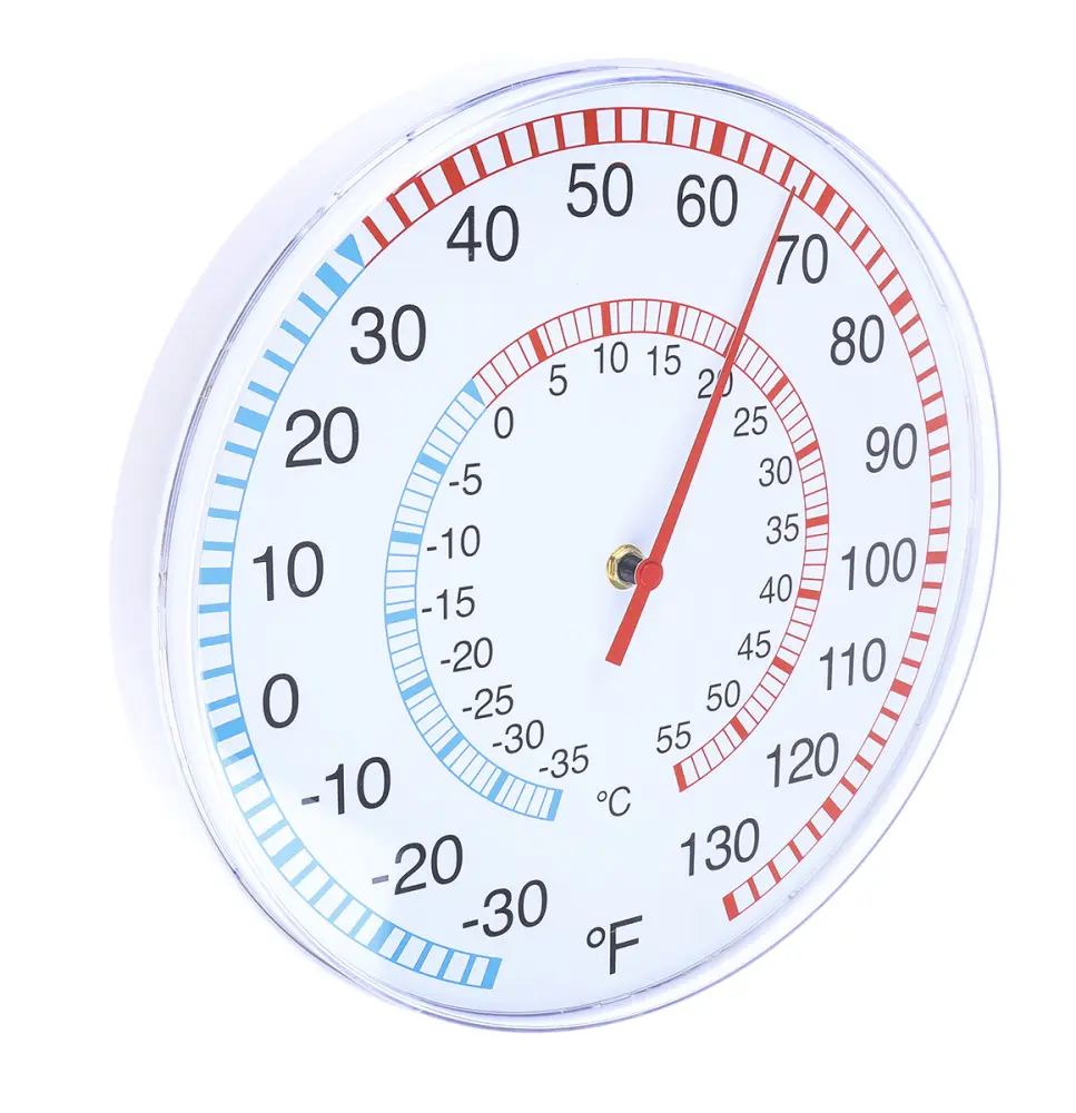 Termómetro con dial , Escala Centígrado, Fahrenheit, -33 → +55 °C., +55 °C, Diámetro 30cm