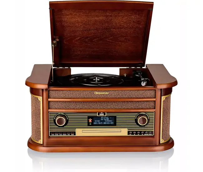Plato Giratorio Analógico Roadstar HIF-1996D+BT Tocadiscos de Vinilo Retro, Acabado Madera, Radio DAB DAB+ FM, Reproducto...