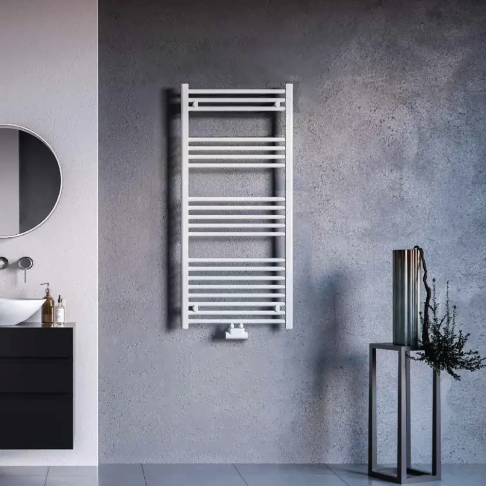 Termoarredo hidráulico modelo Bolzano 1188x450 recto con conexiones centrales 50 mm - Blanco