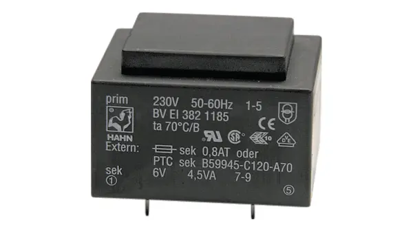 Transformador de PCB, 1 x 18V ac, Montaje en PCB, Potencia 4.5VA | EI382 1195 Hahn